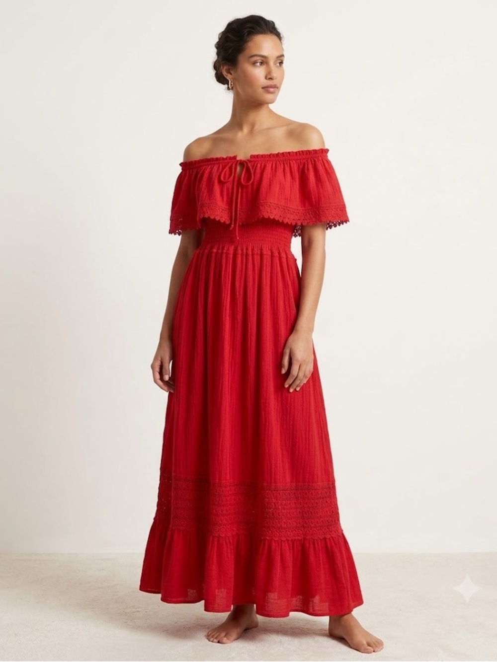 Cotton Collection Organic Cotton Off-the-Shoulder Red Maxi Dress